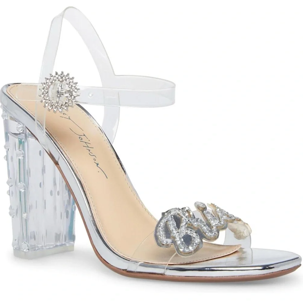 BLUE by BETSEY JOHNSON ~ Silver Lucite 3.5” Block Heels and Bride Glitter Accent